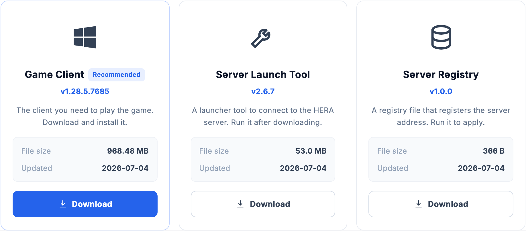 헤라 다운로드 페이지의 Game Client, Server Launch Tool, Server Registry와 각 Download 버튼